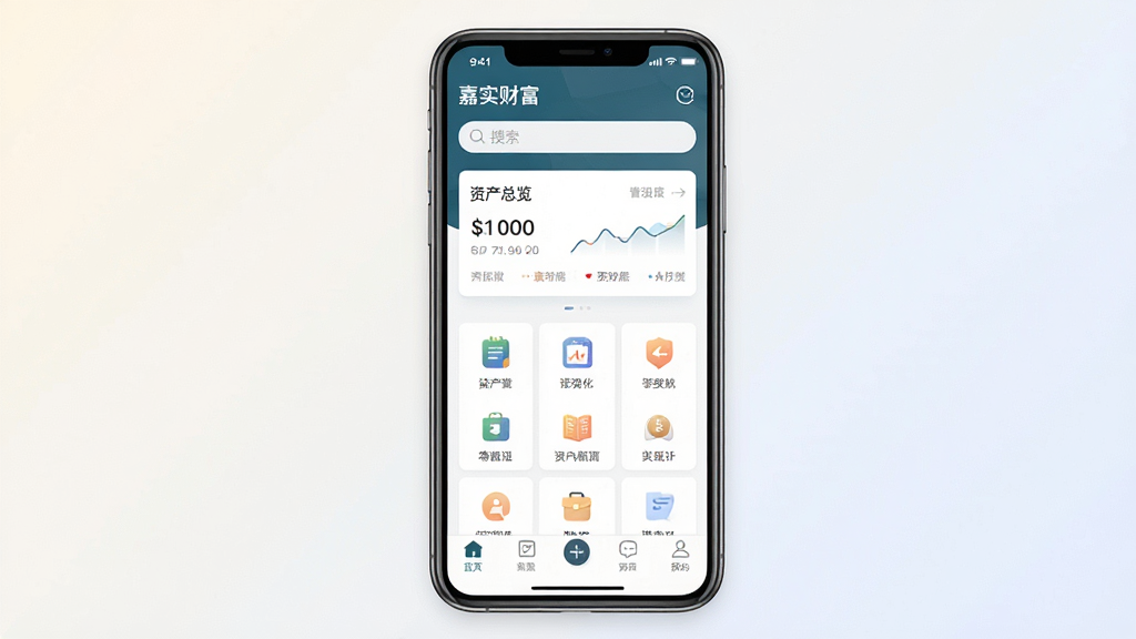 一张展示嘉实财富App核心界面的手机屏幕截图,画面中央是手机模型,屏幕显示嘉实财富App首页,顶部有“嘉实财富”字样和搜索栏,中间是资产总览卡片和功能图标区,底部为导航栏,背景为浅色渐变,风格简洁现代,细节清晰,画质干净无多余元素