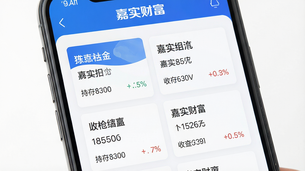 手机屏幕展示嘉实财富App的基金持仓页面,画面中有“嘉实财富”标识,页面显示多只基金的名称、持仓金额和收益率,采用卡片式布局,配色以蓝白为主,风格清爽干净,细节清晰,画质干净无多余元素
