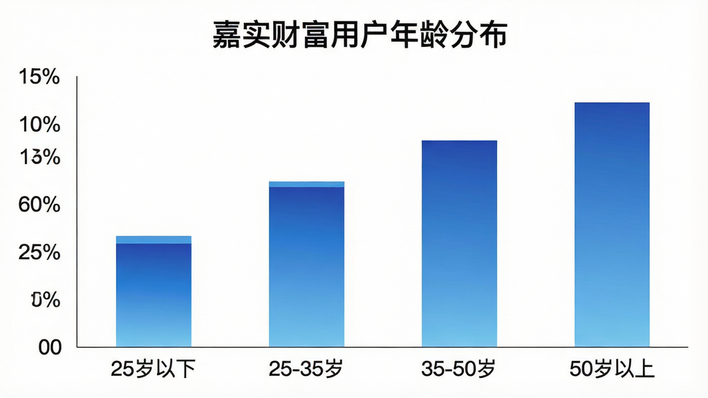 一张柱状图展示嘉实财富用户年龄分布,横轴标注“25岁以下”“25-35岁”“35-50岁”“50岁以上”,纵轴为占比百分比,柱子颜色为渐变蓝色,图表上方有“嘉实财富用户年龄分布”标题,风格简洁数据可视化,背景干净,画质清晰无多余元素