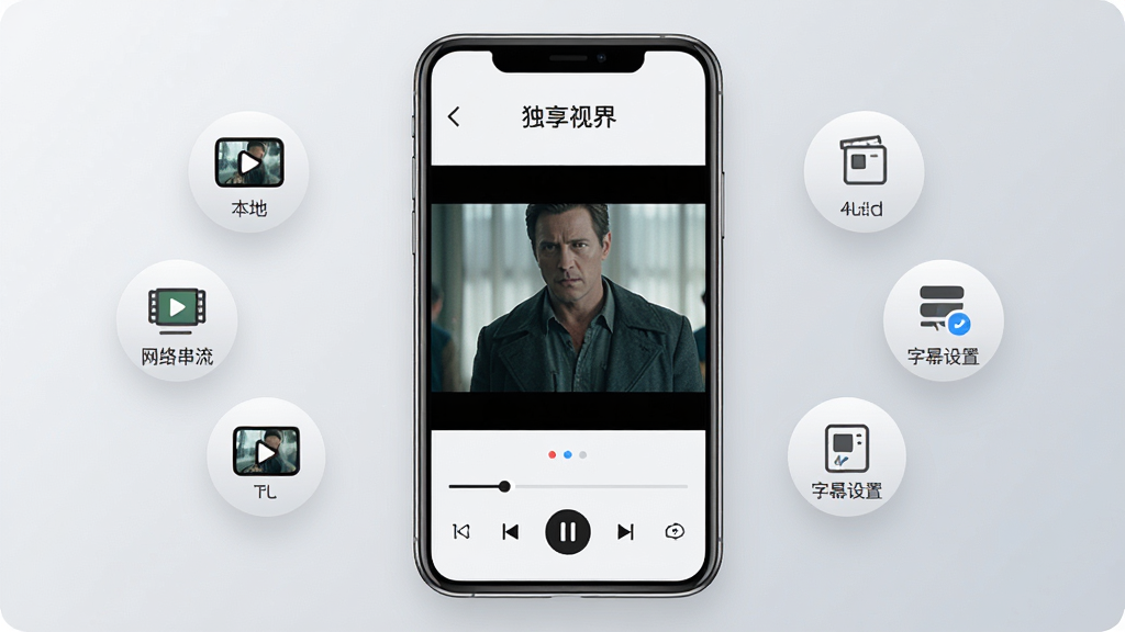 一张展示“独享视界”播放器主界面的手机样机图,画面中央是正在播放的高清电影画面,底部有进度条和播放控制按钮,界面干净无广告,周围环绕着本地视频、网络串流、字幕设置等悬浮功能图标,风格简洁现代,画质清晰细腻,背景为浅灰色渐变,无多余元素