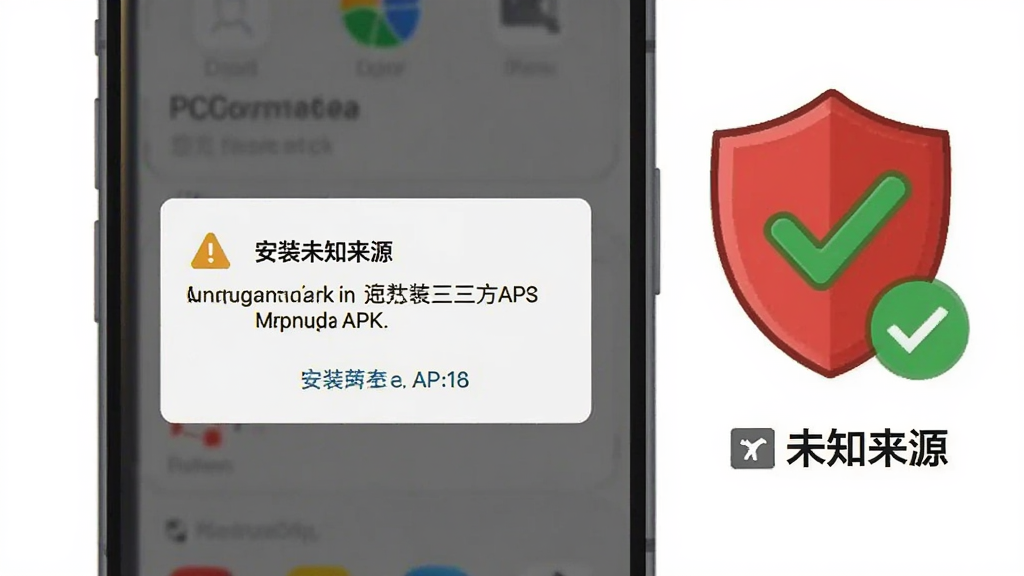 一张展示手机安装第三方APK时出现“未知来源”风险提示的界面截图风格插图,画面中手机屏幕弹出警告对话框,旁边有一个红色盾牌图标和打勾标记表示允许操作,背景简洁,风格提示性强,画质清晰