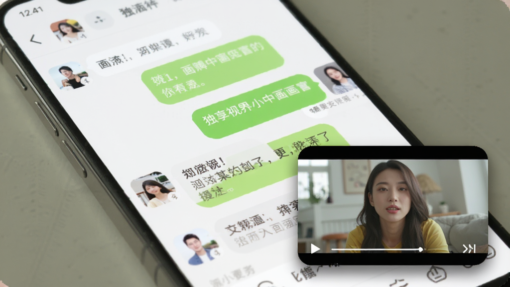 一张展示“独享视界”画中画小窗功能的手机界面图,主屏幕显示正在聊天的社交软件界面,右下角悬浮着一个正在播放视频的小窗口,小窗口边缘圆润带阴影,视频画面清晰,整体布局合理,风格生活化,画质干净