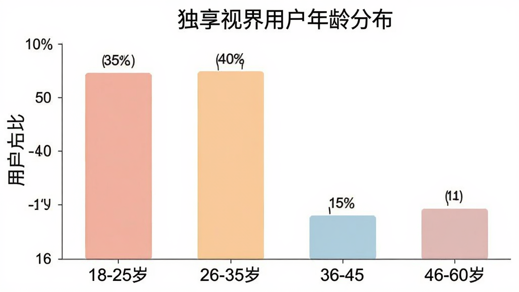 一张柱状图,展示独享视界用户年龄分布,横轴为年龄段18-25岁、26-35岁、36-45岁、46-60岁,纵轴为用户占比,柱子高度分别显示约35%、40%、15%、10%,图表风格简洁,颜色柔和,背景白色,数据标签清晰,画质干净