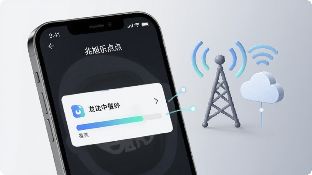 画面展示“兆旭乐点点”的消息传输场景,一部手机屏幕显示发送中的文件进度条,旁边有信号塔和云朵图标示意网络连接,背景是浅灰色渐变,风格科技感但柔和,细节清晰,画质干净无多余元素