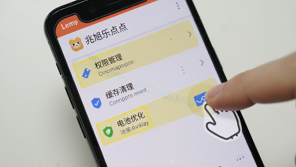 一部安卓手机屏幕特写,显示“兆旭乐点点”的设置页面,页面上有权限管理、缓存清理、电池优化等选项被高亮标注,旁边有手指点击图标示意,背景简洁,风格写实,画质清晰干净,无多余元素