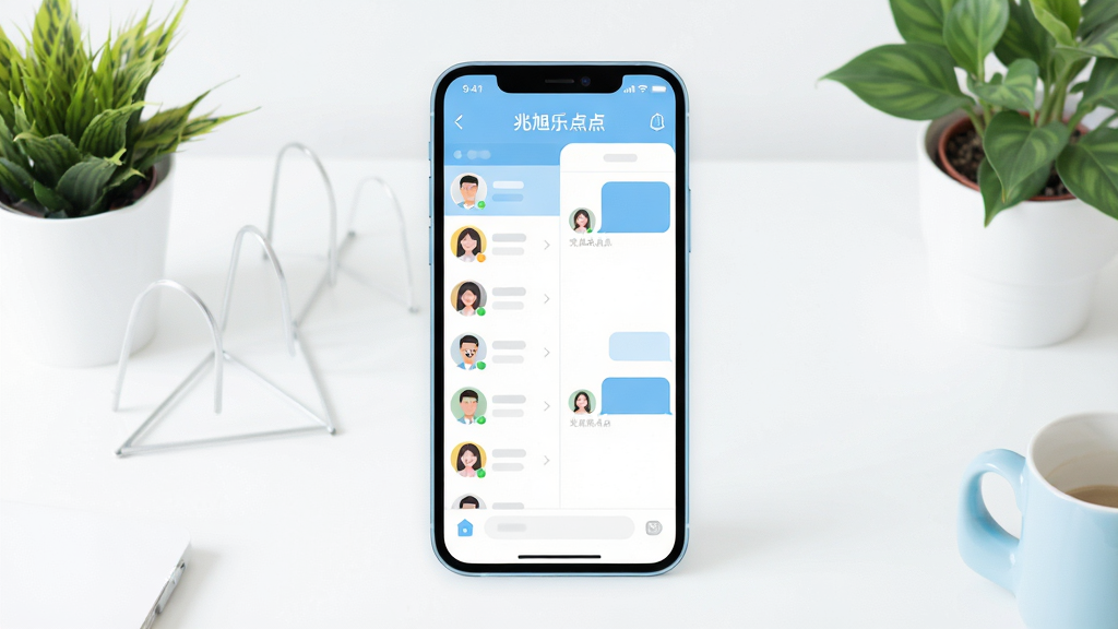 一幅简洁明快的手机应用界面全景图,画面中央是一部智能手机,屏幕上显示着“兆旭乐点点”的聊天主界面,左侧有联系人列表,右侧是对话气泡,整体配色以浅蓝和白色为主,背景是干净的桌面和绿植点缀,风格现代扁平化,细节圆润,画质清晰干净,无多余元素