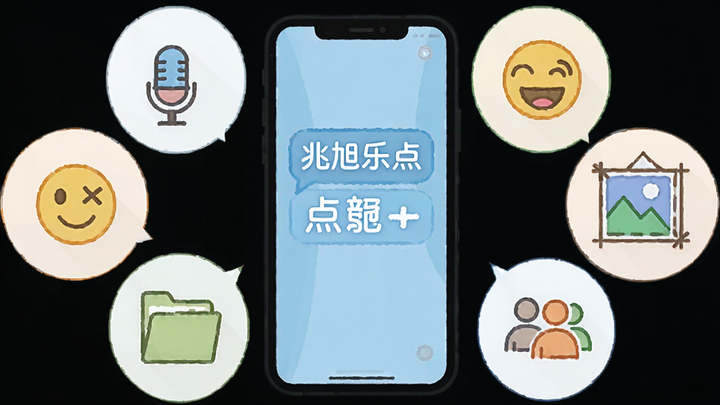 一幅功能图标集合图,围绕“兆旭乐点点”的核心功能展开,画面中有文字气泡、麦克风、表情脸、图片相框、文件夹和群组小人等图标,以圆形排列在手机屏幕周围,风格统一为扁平线性,色彩明亮,画质干净清晰,无多余元素