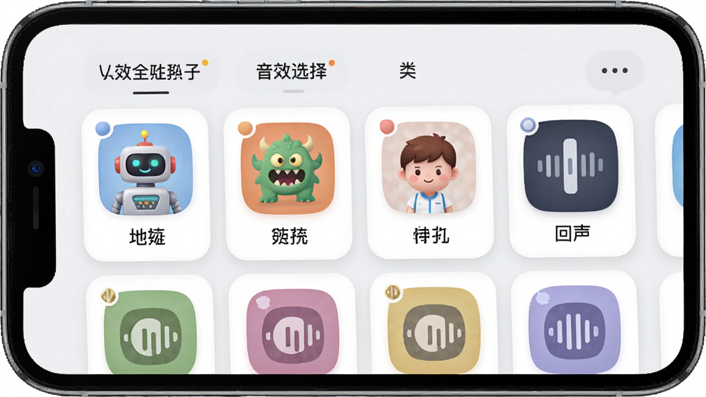һ��չʾVoice Changer��Чѡ������ͼƬ���ֻ���Ļ����ʾ�����ǩ����Чͼ������ͼ����������ˡ����ޡ�С���������ȣ�ÿ��ͼ���·������ı�ǩ������Ϊǳɫ��Ƭʽ���֣������ˬ��ϸ��Բ�󣬻��ʸɾ����޶���Ԫ��
