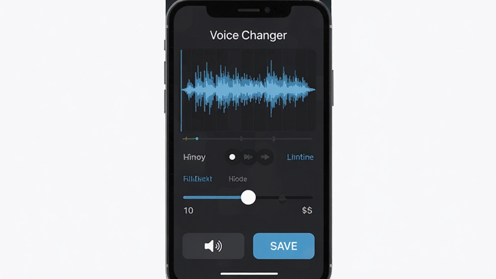 һ��չʾVoice Changer¼���༭�����ͼƬ���ֻ���Ļ����ʾ��Ƶ����ͼ����Ч���ڻ��飬�ײ��������ͱ��水ť���������ְ���