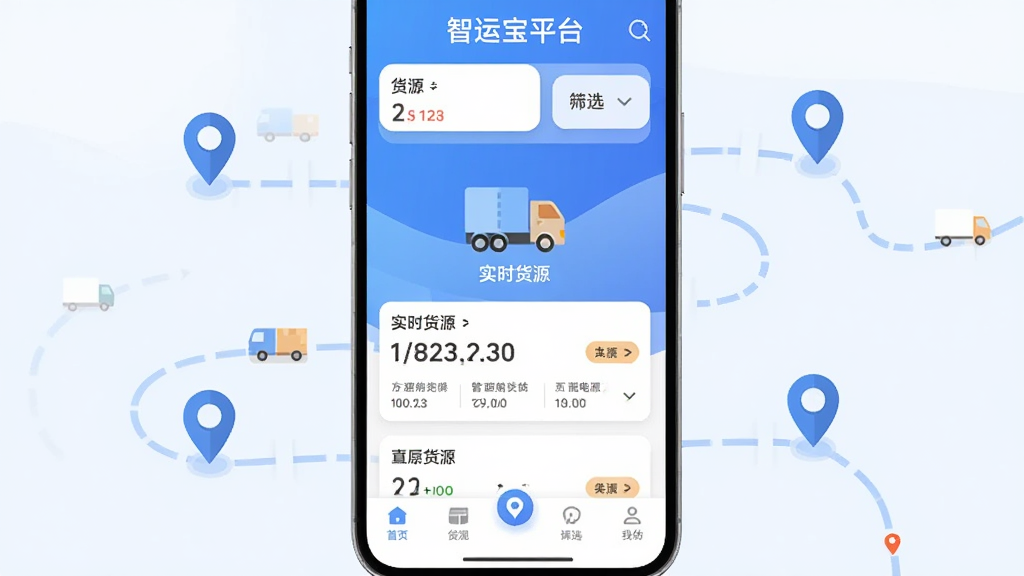 �ֻ���Ļչʾ���˱�ƽ̨Ӧ�������棬��ɫ���䱳����������ʾ��Դ�б���ɸѡ��ť���м��п���ͼ���ʵʱ��Դ��Ƭ���ײ���������������Χ��������·�ߺͶ�λͼ�꣬��ƽ����Ʒ��ϸ�ڸɾ�����������������Ԫ��