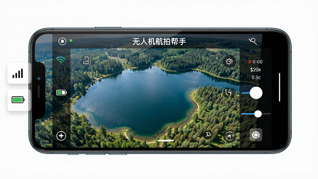 画面中心是一部智能手机横屏显示,屏幕上呈现着“无人机航拍帮手”的实时图传画面,画面内容是俯瞰视角的湖泊与森林,手机左侧悬浮着信号强度和电量图标,右侧有拍摄参数调节滑块,布局简洁对称,风格为扁平化UI设计,细节包括屏幕边缘的防眩光处理和清晰的地面纹理,画质锐利干净,无杂乱背景元素
