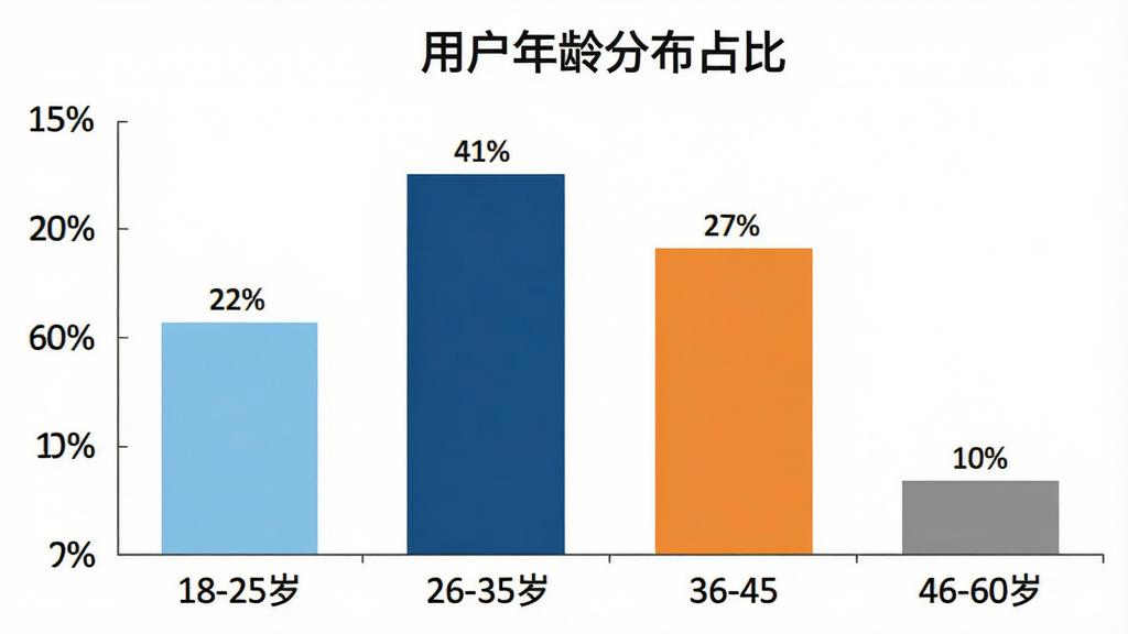 一张横向柱状图,标题为“用户年龄分布占比”,横轴标注18-25岁、26-35岁、36-45岁、46-60岁四个年龄段,纵轴为百分比数值,柱子颜色分别为浅蓝、深蓝、橙色、灰色,数据上18-25岁占22%,26-35岁占41%,36-45岁占27%,46-60岁占10%,图表风格简洁扁平,背景白色干净,无多余装饰元素
