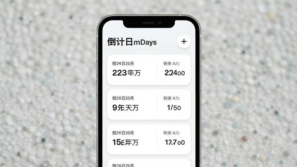 һ���ֻ�Ӧ�ý���չʾͼ��������һ̨�����ֻ�����Ļ������ʾ��������mDays��Ӧ�������棬�����Ϸ��Ǳ����������Ӱ�ť���м��ǿ�Ƭʽ����ʱ�б���ÿ�ſ�Ƭ�����ں�ʣ���������Ű������������У�����ִ���ƽ����ϸ��Բ�󣬻��ʸɾ��������޶���Ԫ��
