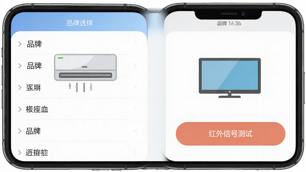 ���üҵ�ң����App�ĺ������ƥ����棬�ֻ���Ļ��ʾƷ��ѡ���б��ͺ����źŲ��԰�ť���������пյ��͵��ӵļ�ͼ�꣬����Ϊ���½ṹ�������ˬ��ƽ��ϸ�����������ʸɾ��޶���Ԫ��