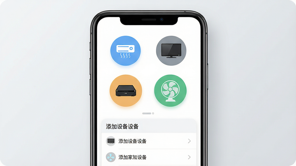 һ��չʾ���üҵ�ң����App��������ֻ�����ͼ�������������ֻ���Ļ����Ļ����ʾ���üҵ�ң�����Ŀ�����壬�����յ������ӡ������С������ĸ�Բ�ι���ͼ�꣬ͼ���·����������豸���б������岼�ּ������������Ϊǳ�ҽ��䣬����ִ���ƽ��ϸ��Բ�󣬻��ʸɾ��޶���Ԫ��