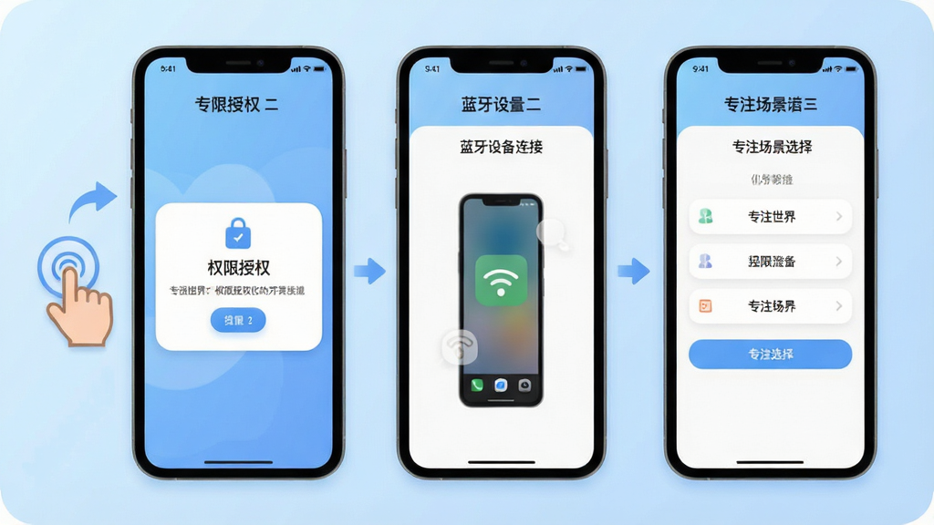 一张展示“专注世界”App新手引导流程的画面,手机屏幕内显示三步引导页,分别是权限授权提示、蓝牙设备连接示意和专注场景选择界面,屏幕旁边有手指点击的图标和箭头指示,背景为浅蓝色柔和渐变,整体布局清晰有序,风格友好扁平化,细节干净圆润,画质高清无多余元素