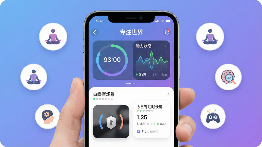 一张展示“专注世界”App核心全貌的手机界面图,画面中央是一部手持智能手机,屏幕内显示专注世界App的主界面,包含专注计时圆环、脑力状态波形图、白噪音场景卡片和今日专注时长统计,背景是柔和蓝紫色渐变,周围漂浮着专注、冥想、脑力训练相关的简约图标,整体布局居中对称,风格现代清爽扁平化,细节圆润干净,画质高清无多余元素