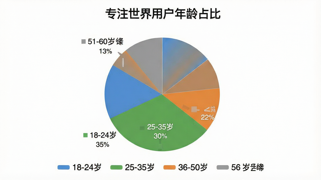一张展示“专注世界”用户年龄分布的饼状图,图表标题为“专注世界用户年龄占比”,饼图分为四个色块分别标注“18-24岁 35%”“25-35岁 30%”“36-50岁 22%”“51-60岁 13%”,配色为蓝绿橙灰四色,背景为白色干净画布,图表下方有图例说明,整体布局居中,风格数据可视化简洁风,细节清晰,画质干净无多余元素