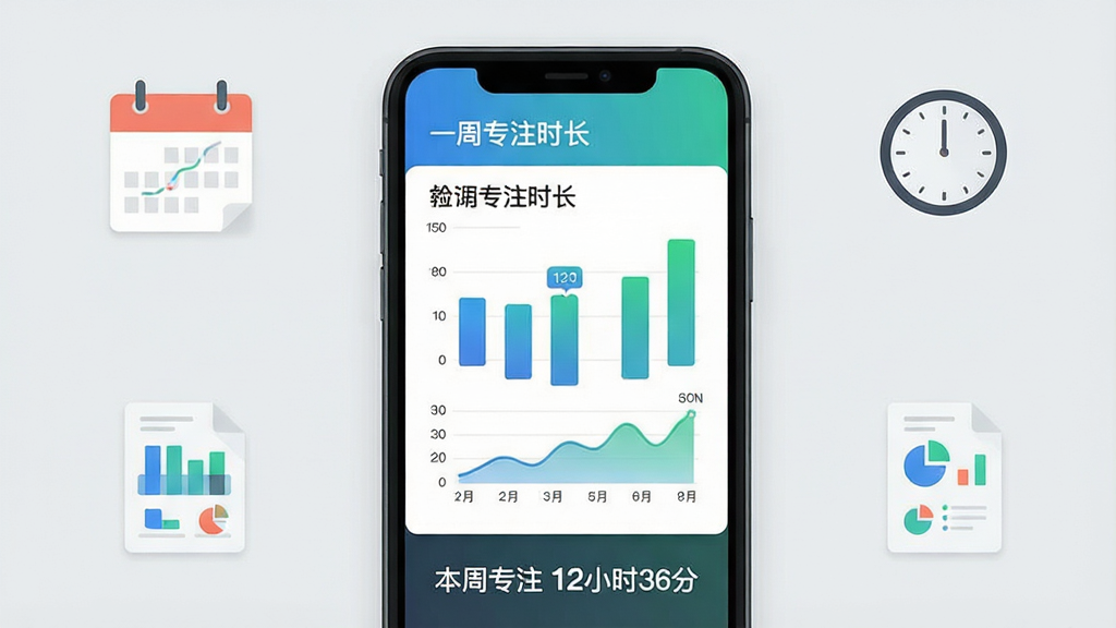 一张展示“专注世界”专注数据可视化功能的画面,手机屏幕内显示一周专注时长柱状图和专注度折线图,图表配色为蓝绿渐变,图表下方有“本周专注 12小时36分”的统计文字,屏幕旁边散落着日历、时钟、数据报表等简约图标,背景为浅灰色干净桌面,整体布局清晰有层次,风格商务简约扁平化,细节干净,画质高清无多余元素