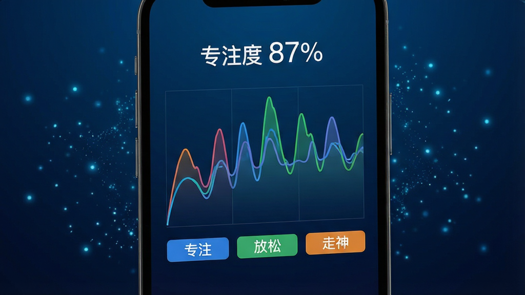 一张展示“专注世界”脑力状态实时反馈功能的画面,手机屏幕中央显示一条起伏的脑电波专注度曲线,曲线下方是专注、放松、走神三种状态的颜色标签,屏幕上方有“专注度 87%”的数值显示,背景是深蓝色科技感渐变,周围有微弱的粒子光效,整体布局简洁聚焦,风格现代科技感,细节清晰,画质干净无多余元素