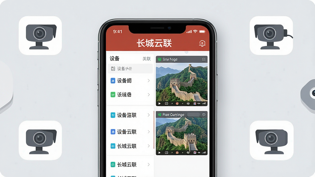一张展示长城云联软件界面的手机样机图,画面中央是手机屏幕显示着长城云联APP的设备列表和实时监控画面,屏幕上方有“长城云联”文字标识,背景是简洁的浅灰色桌面,周围散落着几个小型摄像头图标作为装饰元素,整体风格现代扁平,细节干净,画质清晰,无多余元素