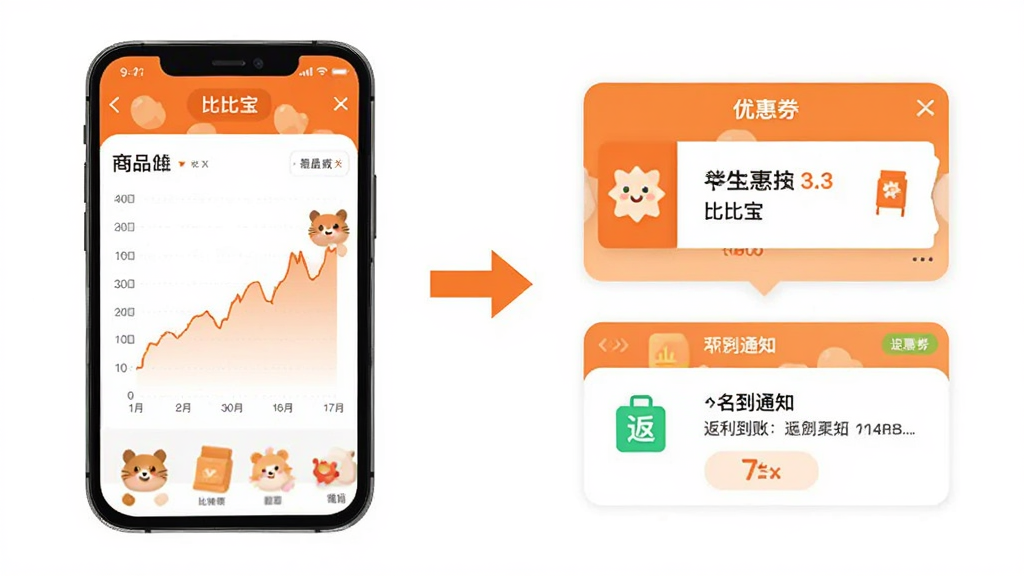 比比宝功能展示图,画面左侧是手机屏幕显示商品历史价格折线图,右侧是优惠券弹窗和返利到账通知卡片,中间用箭头连接表示流程,橙白色调,扁平化图标风格,背景干净整洁,图片中文字标注“比比宝”