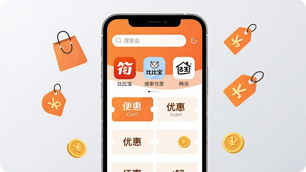 手机应用商店风格展示图,画面中央是一部竖屏手机,屏幕内显示比比宝APP首页界面,顶部搜索框下方排列着多个电商平台图标和优惠券卡片,界面以橙白色为主色调,背景是浅灰色渐变,手机周围漂浮着购物袋、折扣标签和金币小图标,风格简洁现代扁平化,画质干净清晰无多余元素,图片中文字标注“比比宝”