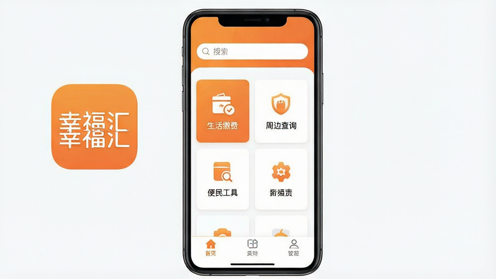 一张展示“幸福汇”软件主界面的手机屏幕截图,画面中心是手机竖屏,屏幕内显示“幸福汇”三个字的应用图标和简洁的首页布局,首页顶部有搜索框,中间是功能卡片式排列,包含生活缴费、周边查询、便民工具等图标,底部是三个选项卡,整体风格扁平化,配色以暖橙色和白色为主,背景干净,画质清晰,无多余元素