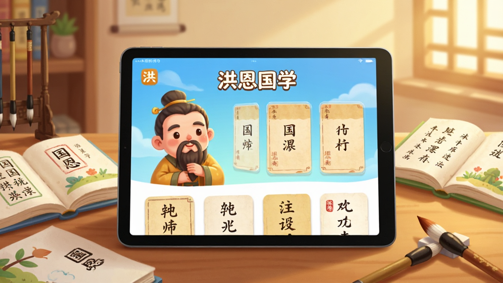 一张展示洪恩国学App核心界面的场景图,画面中央是一台平板电脑,屏幕上显示洪恩国学App的首页,有卡通孔子形象和古诗卡片排列,周围散落着几本翻开的国学绘本和毛笔,背景是温暖的书房环境,风格为儿童插画风,色彩明亮柔和,细节丰富,画质清晰干净,无多余元素