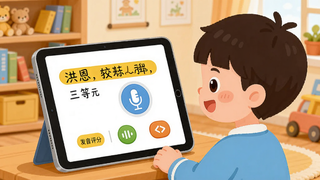 洪恩国学App内三字经跟读课的生图,画面展示一个小朋友对着平板读三字经,屏幕上显示原文高亮和麦克风图标,旁边有发音评分和回放按钮,背景是温馨的儿童书房,风格为卡通扁平插画,色彩温暖,布局清晰,画质干净无多余元素