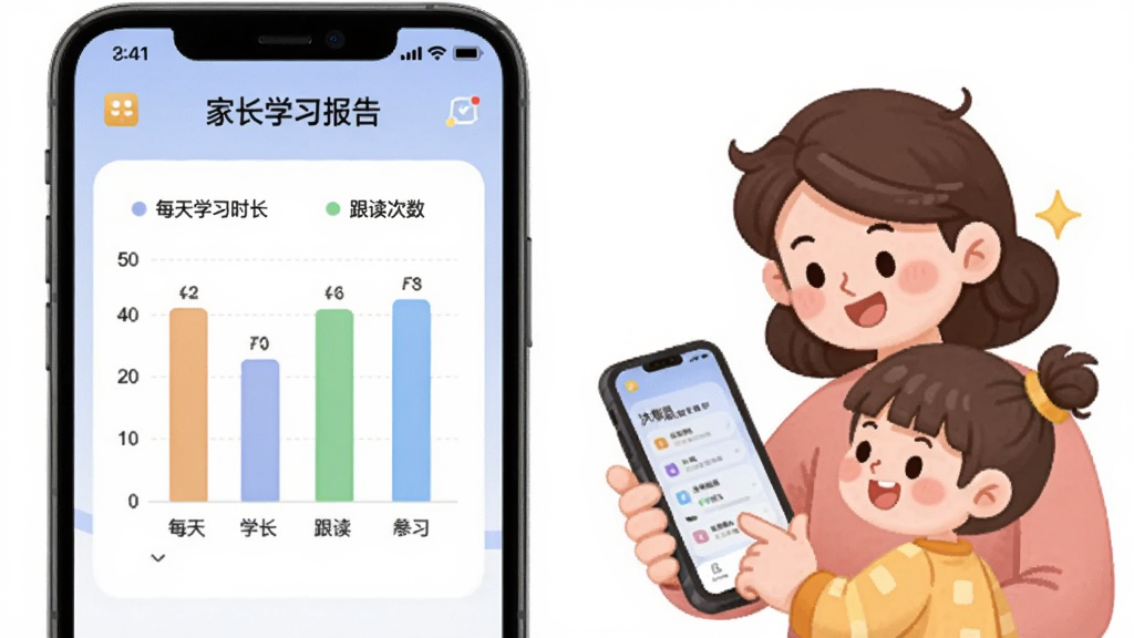 洪恩国学App家长学习报告界面的生图,画面展示手机屏幕上的学习报告图表,有柱状图显示每天学习时长和跟读次数,旁边有卡通家长和孩子一起看手机的场景,风格为简洁信息图风格,色彩柔和,布局清晰,画质干净无多余元素