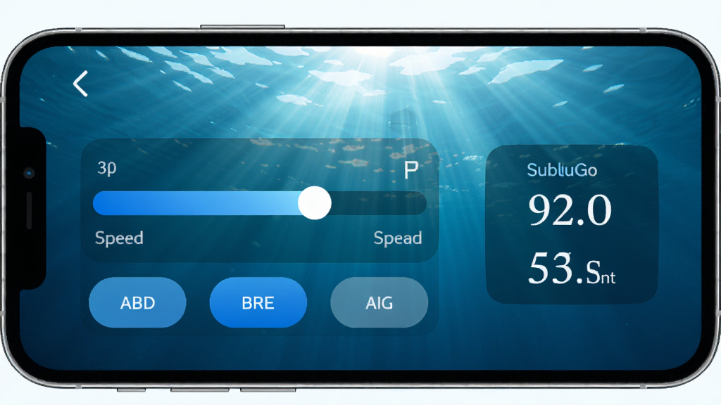 SublueGo App�൵λ�ٶȿ��ƽ���ʾ��ͼ���ֻ���Ļ��ʾ��ɫ������ٶȻ���͵�λ��ť���Ա��������ֵ��ʾ��壬�������峺��ˮ�³��������⴩͸ˮ���γɹ�������������ˬ�Ƽ��У����ּ�����ˣ����ֱ�ǩ���������ʸɾ��޶���Ԫ��