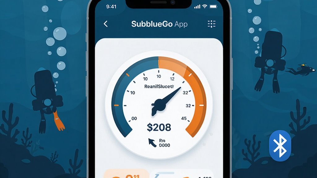 һ��չʾSublueGo App���Ľ�����ֻ���Ļ��Ⱦͼ����Ļ������ʾˮ���ƽ�������״̬��ʵʱ�ٶ��Ǳ��̣���Χ����Ǳˮ����Ԫ�������ݡ�ˮ���ƽ�����Ʒ��Ӱ����������ͼ�꣬����ɫ��Ϊ���������ɫ��׺�������Ű�ɾ���ˬ�����Ϊ�ִ���ƽ����ƣ�ϸ��Բ�󣬻��������ɾ��޶���Ԫ��