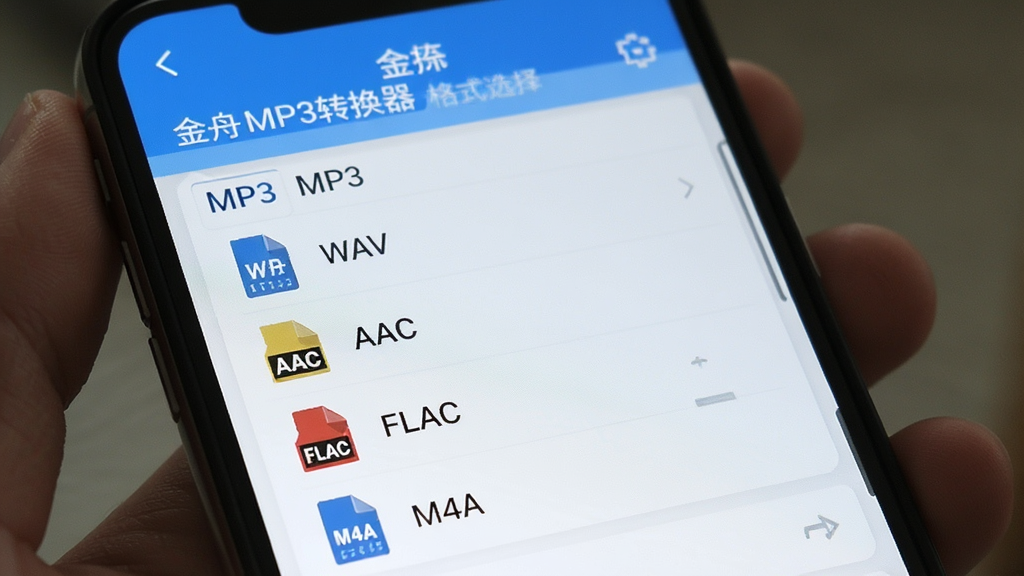 һ��չʾ����MP3ת������ʽѡ�������ֻ���ͼ���������г�MP3��WAV��AAC��FLAC��M4A�ȶ����Ƶ��ʽѡ�ÿ��ѡ���Ա����ж�Ӧ�ĸ�ʽͼ�꣬������������ɫΪ��������������������ִ������ʸɾ�