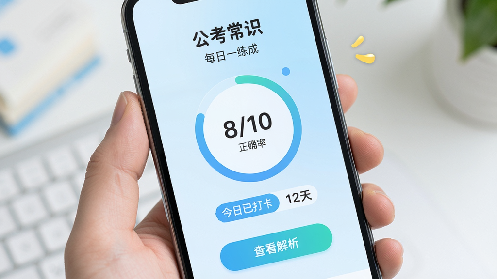 手机屏幕显示“公考常识”的每日一练完成页面,中央是圆形进度条显示“8/10”正确率,下方有“今日已打卡”标签和连续打卡天数“12天”,底部是“查看解析”按钮,背景淡蓝色渐变,风格轻松活泼,画质干净