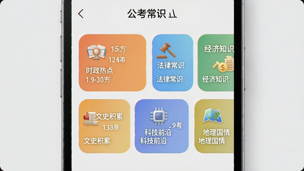 手机界面展示“公考常识”的分类题库页面,屏幕中央是六个彩色分类卡片,分别标注“时政热点”“法律常识”“经济知识”“文史积累”“科技前沿”“地理国情”,每个卡片上有小图标和题目数量,背景为浅灰色,卡片圆角设计,风格清新简洁,画质干净
