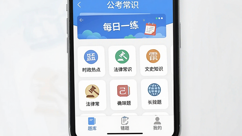 手机屏幕中央显示“公考常识”APP主界面,顶部是“每日一练”横幅,中间是分类题库卡片,包括“时政热点”“法律常识”“文史知识”等图标,底部是“题库”“错题”“我的”三个标签,整体布局简洁,蓝白色调,扁平化设计,画质干净清晰,无多余装饰元素