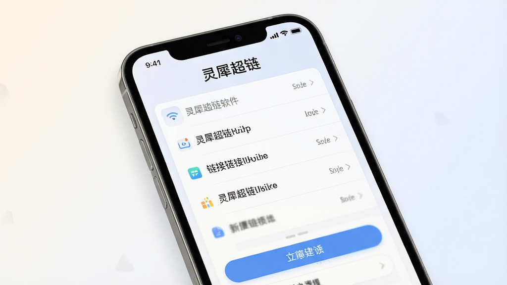 一张展示灵犀超链软件核心界面的手机样机图,画面中央是灵犀超链APP的主界面,顶部显示“灵犀超链”文字标识,中间是简洁的链接列表和功能按钮,背景为浅色渐变,风格现代扁平化,细节干净清晰,画质高清无多余元素