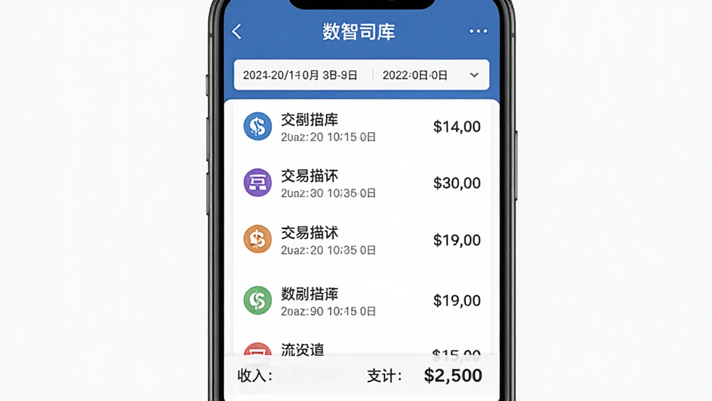画面展示“数智司库”应用中的资金流水页面,手机屏幕中央是流水列表,每条记录左侧有交易类型图标,中间是交易描述和日期,右侧是金额数字,顶部有日期筛选栏,底部有汇总条显示收入和支出合计。布局为垂直列表排版,风格简洁商务,细节清晰,画质干净,背景为白色,手机屏幕内容为视觉主体,无多余装饰元素。