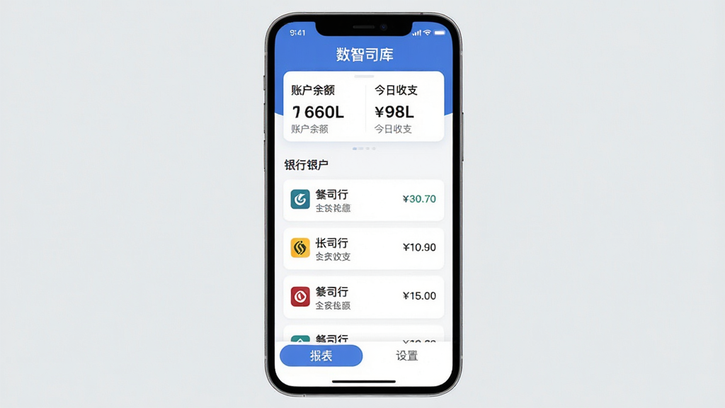 画面中央是一部手机屏幕,屏幕上显示“数智司库”应用的主界面,顶部是资金总览卡片,显示账户余额和今日收支数字,中间是多个银行账户的聚合列表,每个账户前面有银行图标和余额,底部是报表和设置选项卡。整体布局清晰,排版从上到下分层明确,风格为现代扁平化设计,细节圆润,画质干净清晰,无多余元素,背景为浅灰色,主体突出手机屏幕内容。