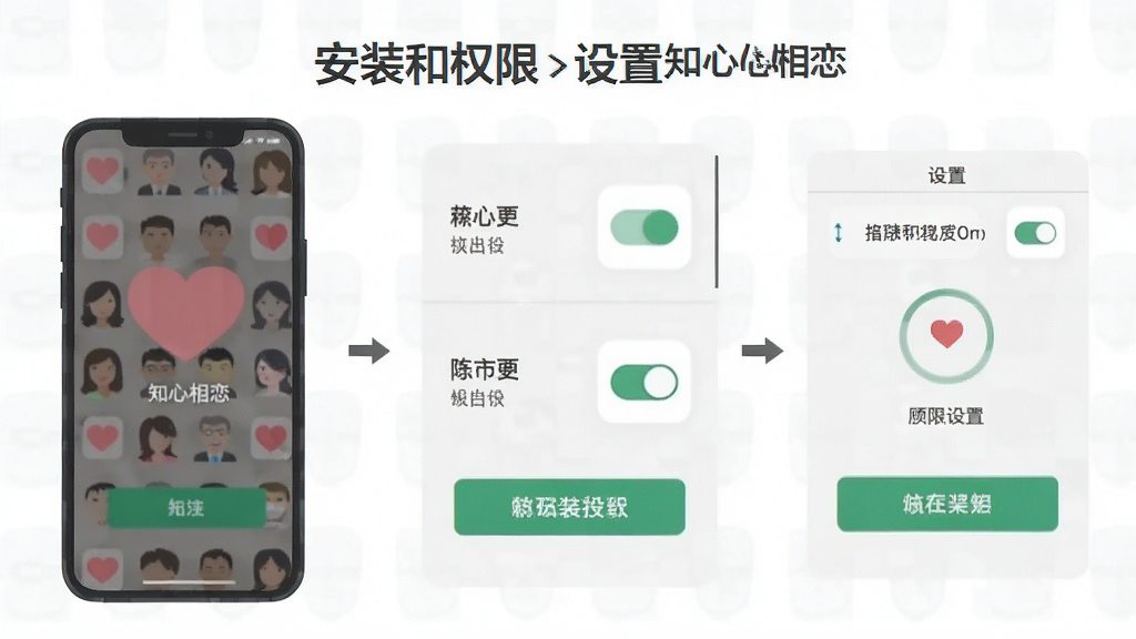 一张展示“知心相恋”安装和权限设置步骤的示意图,主体为手机屏幕和设置图标,布局分步骤排列,风格扁平化信息图,细节包括权限开关和安装按钮,画质干净,无多余元素
