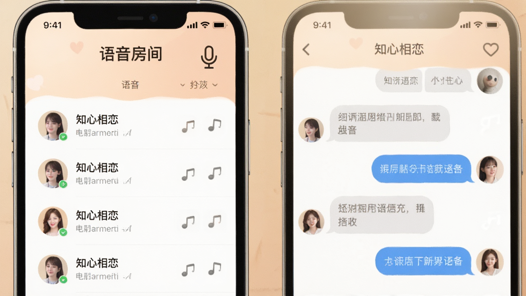 一张展示“知心相恋”语音互动功能的界面截图,主体为手机屏幕,布局为语音房间列表和聊天窗口,风格温暖柔和,细节包括麦克风图标和用户头像,画质干净,无多余元素