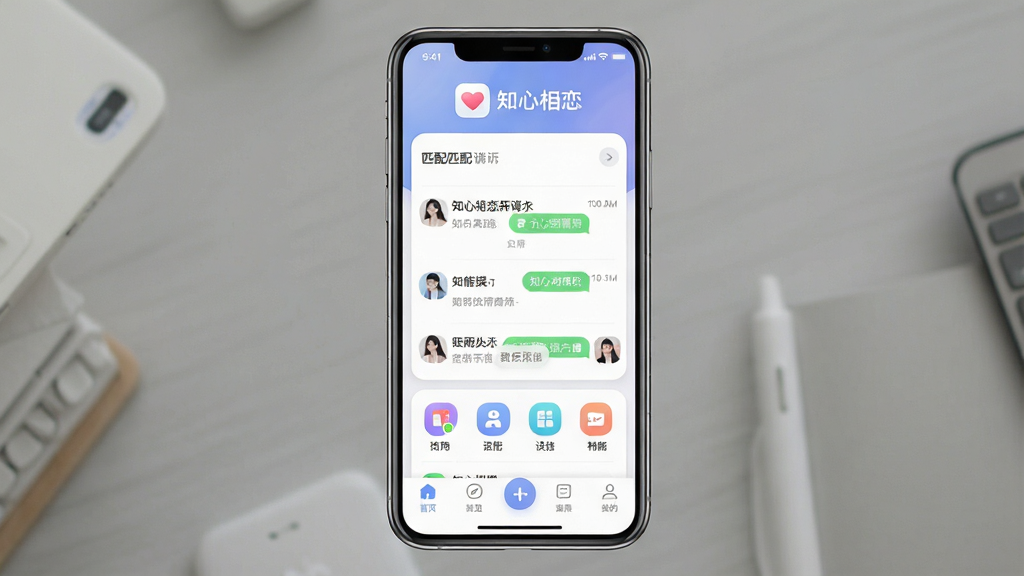 一张展示“知心相恋”App整体界面的手机屏幕截图,主体为手机正面,布局居中,上方显示软件名称“知心相恋”和简洁的Logo,中间展示匹配聊天列表和功能图标,下方为底部导航栏,风格清新现代,细节圆润,画质干净清晰,无多余元素