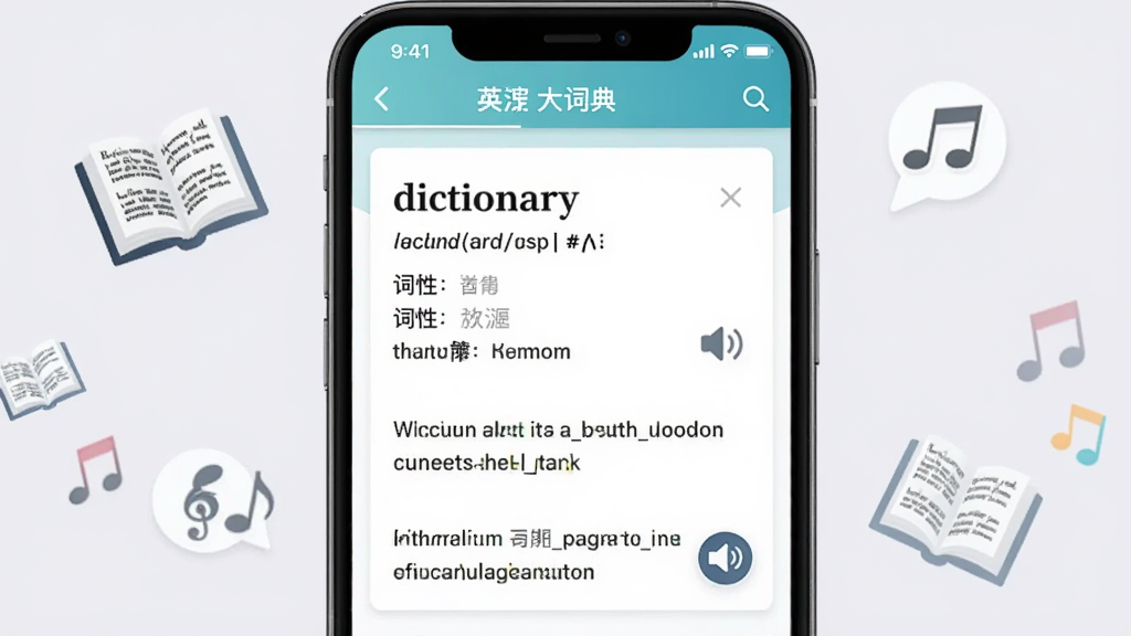 Ӣ����ʵ�App�ĵ�������ҳ��ͼ������������һ���ֻ�����Ļ����ʾ���ʡ�dictionary�������忨Ƭ���������ꡢ���ԡ��������������˫�����䣬�Ա���һ������ͼ���ʾ�������ܣ��ֻ���ΧƯ����Ӣ���鱾������ͼ�꣬����Ϊ����ɫ�������ˬ��࣬���ʸɾ��޶���Ԫ��