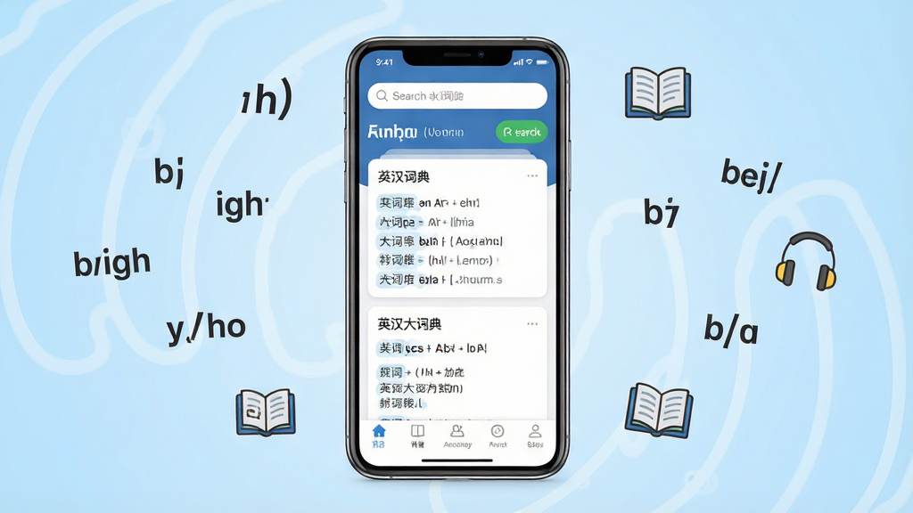 һ��չʾӢ����ʵ�App���������ȫòͼ������������һ�������ֻ����ֻ���Ļ����ʾӢ����ʵ�App�������棬�������������м��ǵ������忨Ƭ���ײ��ǹ��ܵ��������ֻ���Χ������Ӣ�ĵ��ʡ�������š��鱾��������Сͼ�꣬������ǳ��ɫ���䣬������ִ������������ɾ����޶���Ԫ��