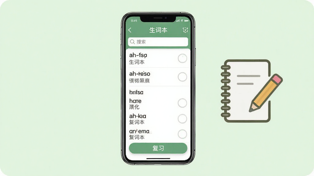 Ӣ����ʵ�App�����ʱ����ܽ���ͼ������������һ���ֻ�����Ļ����ʾ���ʱ��б����������Ӣ�ĵ�����Ŀ�Ͷ�Ӧ���������壬�����С����ʱ�����������������ײ��С���ϰ����ť���ֻ��Ա߷��űʼǱ���Ǧ��ͼ�꣬����Ϊǳ��ɫ��������¼�࣬���ʸɾ�