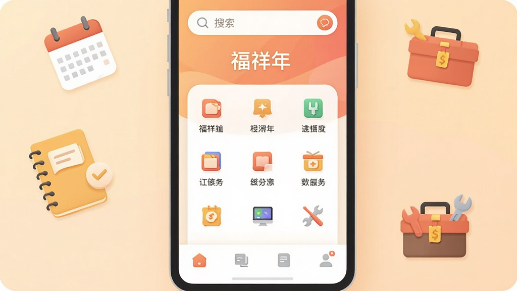 画面中央是手机屏幕特写,屏幕上显示一款名为“福祥年”的生活服务类应用主界面,界面布局简洁,顶部有搜索栏,中间是功能图标网格,底部为导航栏,背景为柔和的暖色调渐变,周围散落着日历、记事本、工具箱等扁平化小图标作为装饰元素,整体风格为现代扁平插画风,细节圆润,画质干净清晰,无多余元素