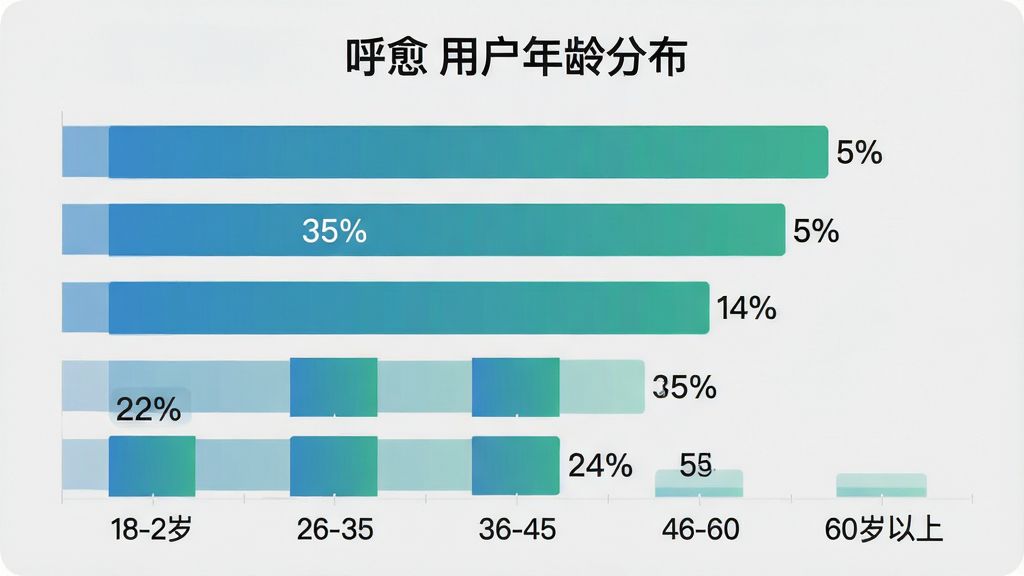 一张展示“呼愈”用户年龄分布柱状图的图片,画面中横向柱状图清晰显示五个年龄段对应的用户占比数值,18-25岁22%、26-35岁35%、36-45岁24%、46-60岁14%、60岁以上5%,柱体颜色为渐变的蓝绿色,背景为浅灰色,图表风格简洁现代,文字标注清晰,画质干净,无多余元素