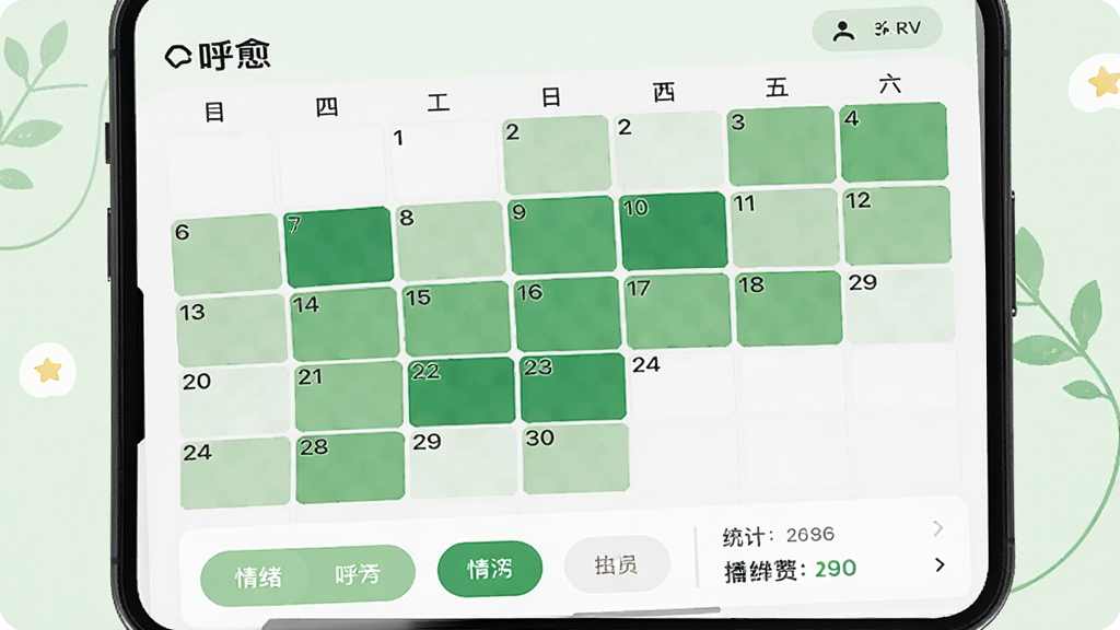一张展示“呼愈”应用情绪记录日历热力图界面的图片,画面中手机屏幕显示月度日历网格,每个日期格子用不同深浅的绿色标注情绪状态,底部有情绪选择按钮和统计摘要,界面风格清新简约,配色以白色和淡绿色为主,布局规整清晰,画质干净,无多余元素