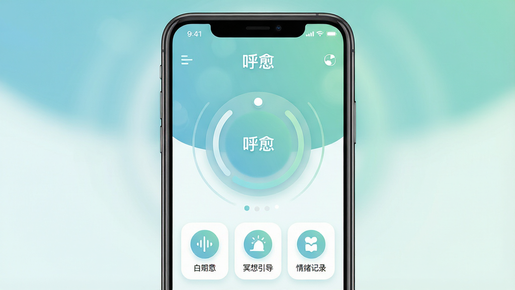 一张展示手机应用界面的图片,画面中央是手机屏幕,屏幕内显示“呼愈”应用的主界面,界面以柔和的蓝绿色调为主,顶部有舒缓的渐变背景,中间是圆形的呼吸引导动画圈,下方排列着白噪音、冥想引导、情绪记录等功能模块图标,整体布局简洁清爽,风格为现代扁平化设计,细节圆润柔和,画质干净清晰,无多余元素